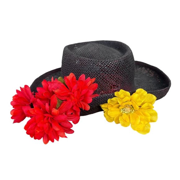 VTG The Scala Collection Black Straw Weave Hat Flower Embellishments Cru… - Picture 2 of 12